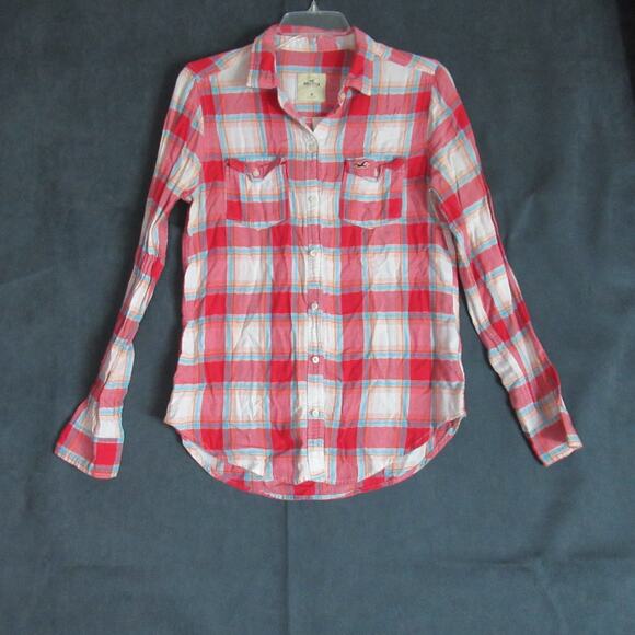 Hollister Shirt Womens Medium Red Cream Plaid Flannel Cabincore Cowgirl Western - Picture 1 of 7